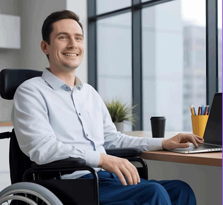 A smiling man, appearing to be in his 30s, is seated in a wheelchair at a desk, looking to the right and using a laptop. The background suggests a modern office environment with a large window.
